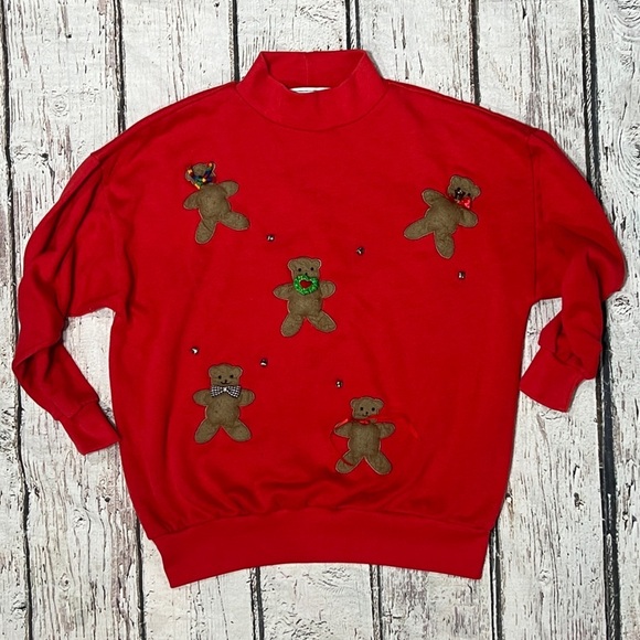 Vintage 1980s Teddy Bear Red Cute Ugly Sweater Pullover Sweatshirt - Picture 1 of 5